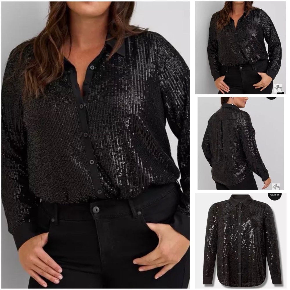 Torrid Size 6 6X 30 Madison Sequin Button-Front Long Sleeve Shirt Black NWT